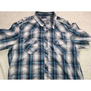 Chal Plaid Button Up Shirt Mens XXL Blue Gray Short Sleeve Casual